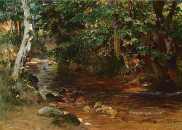 Deer Painting - THE STREAM AT DIVONNE Frederick Arthur Bridgman deer